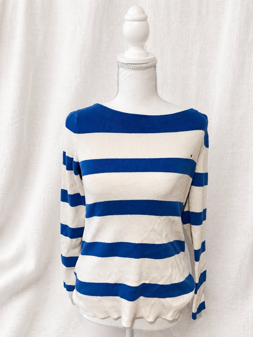 Tommy Hilfiger Royal Blue and White Striped Boatneck Top